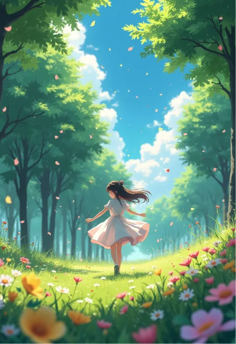 In this fantasy world inspired by Hayao Miyazaki's enchanting animation style, a spunky girl dances through a vibrant meadow, her laughter harmonizing with the gentle rustling of the leaves. The sunlight streams through the lush, swaying trees, casting playful shadows on her flowing dress. As she spins, petals bloom into the air, swirling around them like confetti, and the gentle breeze carries the sweet scent of blooming flowers. Each movement is fluid and graceful, evoking a feeling of freedom and joy that is mesmerizing.