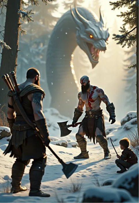 Epic action-adventure scene from God of War (2018), featuring the antagonist Baldur in a tense confrontation. Hyper-realistic Norse-inspired art style with cinematic lighting. Baldur, a tattooed, shirtless man with icy blue eyes and dirty blond hair, stands defiantly in a snowy forest clearing. His body glows with runic markings, hinting at his invulnerability. Kratos, the muscular, bearded protagonist, grips his Leviathan Axe, ready to strike. Atreus, Kratos' young son, crouches nearby with his bow drawn. Ancient Nordic ruins and towering evergreens surround them. The World Serpent coils in the misty background. Golden sunlight filters through the trees, casting long shadows. Particles of snow and ash float in the air. The atmosphere is tense and foreboding, with a sense of impending battle. Photorealistic textures on character models, environment, and weapons. Dynamic poses capture the moment before an explosive clash of gods and mortals.