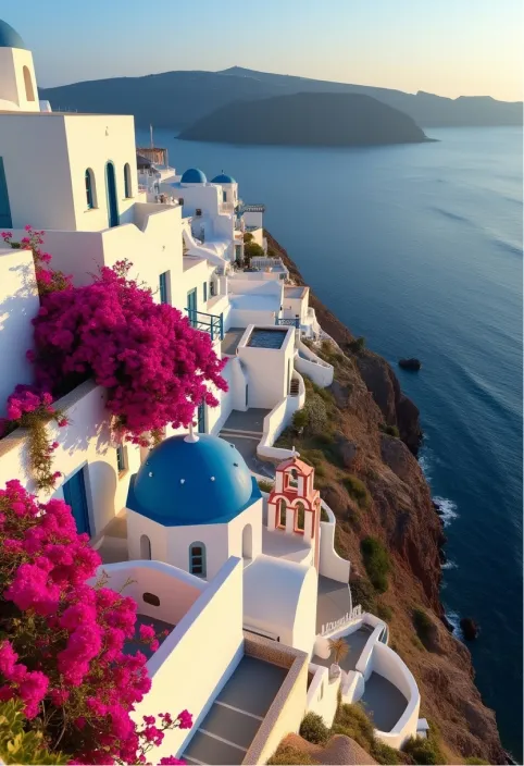 Create an image of a classic Santorini scene at sunset, showcasing the iconic white-washed buildings with their blue domes perched on the cliffs of Oia. The structures, characterized by their cubic shapes and arched doorways, should reflect the soft, golden hues of the setting sun, casting gentle shadows that highlight the textures of the stucco walls. Vibrant bougainvillea in shades of fuchsia and magenta cascade down the terraces, adding a burst of color against the pristine white. The deep blue Aegean Sea glistens below, with waves gently lapping at the rocky shoreline. Capture the scene with a warm, soft focus to evoke a dreamy atmosphere, emphasizing the contrast between the cool blues of the sea and the warm tones of the buildings. The image should convey a sense of tranquility and timeless beauty, reflecting the rich history and cultural significance of this enchanting island.