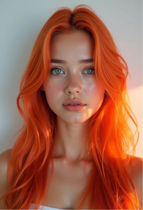 (Masterpiece, Best Quality, Ultra Realistic, 32K, RAW Photo, Skin Detail, 8K UHD, DSLR, High Quality, Film Grain:1.5), Long hair, coral hair:1.1, Portrait, lady, blue eyes, orange hair, bright Korean, freckles, (white gradient background, LED lights, rim lights, simple background)