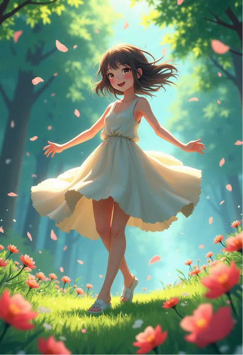 In this fantasy world inspired by Hayao Miyazaki's enchanting animation style, a spunky girl dances through a vibrant meadow, her laughter harmonizing with the gentle rustling of the leaves. The sunlight streams through the lush, swaying trees, casting playful shadows on her flowing dress. As she spins, petals bloom into the air, swirling around them like confetti, and the gentle breeze carries the sweet scent of blooming flowers. Each movement is fluid and graceful, evoking a feeling of freedom and joy that is mesmerizing.