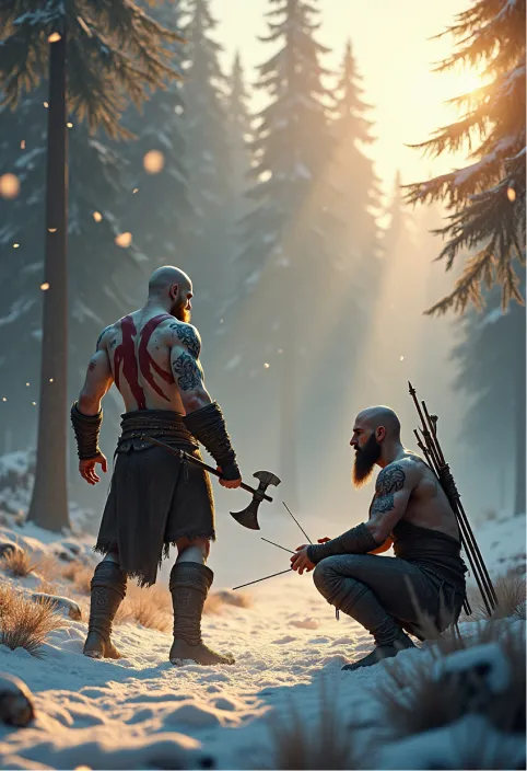 Epic action-adventure scene from God of War (2018), featuring the antagonist Baldur in a tense confrontation. Hyper-realistic Norse-inspired art style with cinematic lighting. Baldur, a tattooed, shirtless man with icy blue eyes and dirty blond hair, stands defiantly in a snowy forest clearing. His body glows with runic markings, hinting at his invulnerability. Kratos, the muscular, bearded protagonist, grips his Leviathan Axe, ready to strike. Atreus, Kratos' young son, crouches nearby with his bow drawn. Ancient Nordic ruins and towering evergreens surround them. The World Serpent coils in the misty background. Golden sunlight filters through the trees, casting long shadows. Particles of snow and ash float in the air. The atmosphere is tense and foreboding, with a sense of impending battle. Photorealistic textures on character models, environment, and weapons. Dynamic poses capture the moment before an explosive clash of gods and mortals.