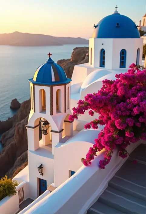 Create an image of a classic Santorini scene at sunset, showcasing the iconic white-washed buildings with their blue domes perched on the cliffs of Oia. The structures, characterized by their cubic shapes and arched doorways, should reflect the soft, golden hues of the setting sun, casting gentle shadows that highlight the textures of the stucco walls. Vibrant bougainvillea in shades of fuchsia and magenta cascade down the terraces, adding a burst of color against the pristine white. The deep blue Aegean Sea glistens below, with waves gently lapping at the rocky shoreline. Capture the scene with a warm, soft focus to evoke a dreamy atmosphere, emphasizing the contrast between the cool blues of the sea and the warm tones of the buildings. The image should convey a sense of tranquility and timeless beauty, reflecting the rich history and cultural significance of this enchanting island.