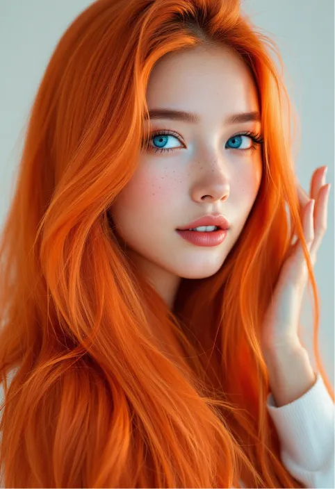 (Masterpiece, Best Quality, Ultra Realistic, 32K, RAW Photo, Skin Detail, 8K UHD, DSLR, High Quality, Film Grain:1.5), Long hair, coral hair:1.1, Portrait, lady, blue eyes, orange hair, bright Korean, freckles, (white gradient background, LED lights, rim lights, simple background)