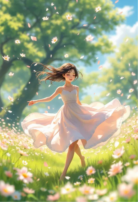 In this fantasy world inspired by Hayao Miyazaki's enchanting animation style, a spunky girl dances through a vibrant meadow, her laughter harmonizing with the gentle rustling of the leaves. The sunlight streams through the lush, swaying trees, casting playful shadows on her flowing dress. As she spins, petals bloom into the air, swirling around them like confetti, and the gentle breeze carries the sweet scent of blooming flowers. Each movement is fluid and graceful, evoking a feeling of freedom and joy that is mesmerizing.