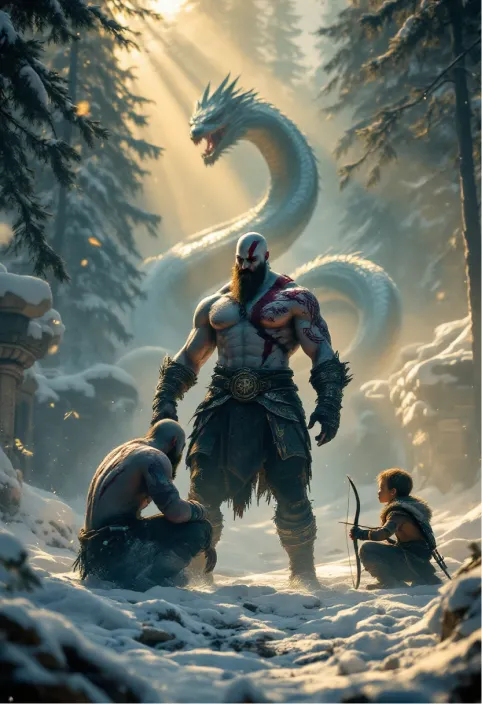 Epic action-adventure scene from God of War (2018), featuring the antagonist Baldur in a tense confrontation. Hyper-realistic Norse-inspired art style with cinematic lighting. Baldur, a tattooed, shirtless man with icy blue eyes and dirty blond hair, stands defiantly in a snowy forest clearing. His body glows with runic markings, hinting at his invulnerability. Kratos, the muscular, bearded protagonist, grips his Leviathan Axe, ready to strike. Atreus, Kratos' young son, crouches nearby with his bow drawn. Ancient Nordic ruins and towering evergreens surround them. The World Serpent coils in the misty background. Golden sunlight filters through the trees, casting long shadows. Particles of snow and ash float in the air. The atmosphere is tense and foreboding, with a sense of impending battle. Photorealistic textures on character models, environment, and weapons. Dynamic poses capture the moment before an explosive clash of gods and mortals.