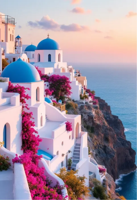 Create an image of a classic Santorini scene at sunset, showcasing the iconic white-washed buildings with their blue domes perched on the cliffs of Oia. The structures, characterized by their cubic shapes and arched doorways, should reflect the soft, golden hues of the setting sun, casting gentle shadows that highlight the textures of the stucco walls. Vibrant bougainvillea in shades of fuchsia and magenta cascade down the terraces, adding a burst of color against the pristine white. The deep blue Aegean Sea glistens below, with waves gently lapping at the rocky shoreline. Capture the scene with a warm, soft focus to evoke a dreamy atmosphere, emphasizing the contrast between the cool blues of the sea and the warm tones of the buildings. The image should convey a sense of tranquility and timeless beauty, reflecting the rich history and cultural significance of this enchanting island.