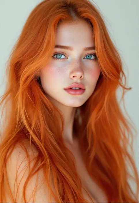 (Masterpiece, Best Quality, Ultra Realistic, 32K, RAW Photo, Skin Detail, 8K UHD, DSLR, High Quality, Film Grain:1.5), Long hair, coral hair:1.1, Portrait, lady, blue eyes, orange hair, bright Korean, freckles, (white gradient background, LED lights, rim lights, simple background)