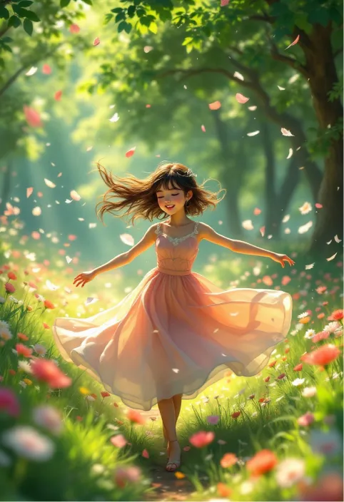 In this fantasy world inspired by Hayao Miyazaki's enchanting animation style, a spunky girl dances through a vibrant meadow, her laughter harmonizing with the gentle rustling of the leaves. The sunlight streams through the lush, swaying trees, casting playful shadows on her flowing dress. As she spins, petals bloom into the air, swirling around them like confetti, and the gentle breeze carries the sweet scent of blooming flowers. Each movement is fluid and graceful, evoking a feeling of freedom and joy that is mesmerizing.