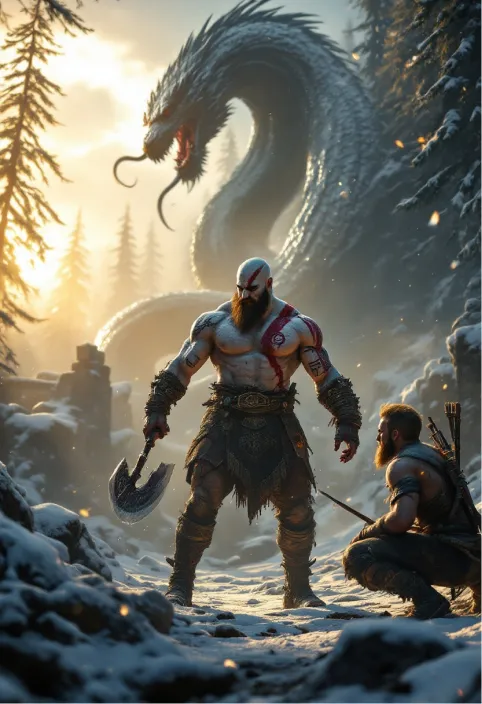 Epic action-adventure scene from God of War (2018), featuring the antagonist Baldur in a tense confrontation. Hyper-realistic Norse-inspired art style with cinematic lighting. Baldur, a tattooed, shirtless man with icy blue eyes and dirty blond hair, stands defiantly in a snowy forest clearing. His body glows with runic markings, hinting at his invulnerability. Kratos, the muscular, bearded protagonist, grips his Leviathan Axe, ready to strike. Atreus, Kratos' young son, crouches nearby with his bow drawn. Ancient Nordic ruins and towering evergreens surround them. The World Serpent coils in the misty background. Golden sunlight filters through the trees, casting long shadows. Particles of snow and ash float in the air. The atmosphere is tense and foreboding, with a sense of impending battle. Photorealistic textures on character models, environment, and weapons. Dynamic poses capture the moment before an explosive clash of gods and mortals.