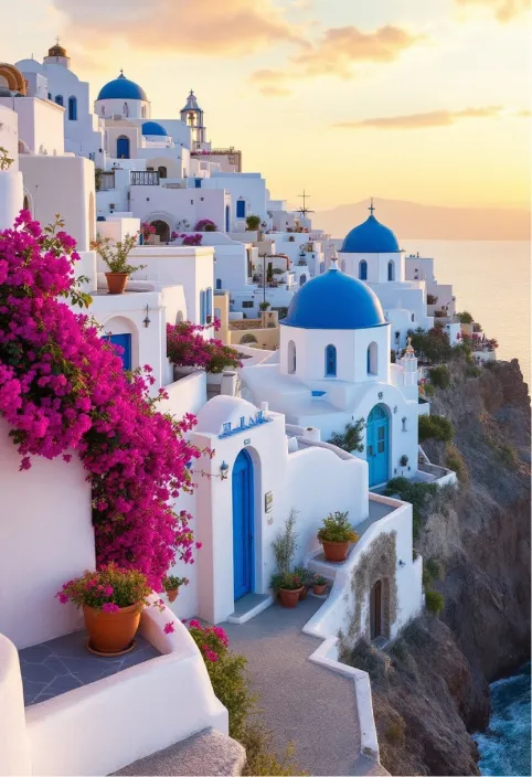 Create an image of a classic Santorini scene at sunset, showcasing the iconic white-washed buildings with their blue domes perched on the cliffs of Oia. The structures, characterized by their cubic shapes and arched doorways, should reflect the soft, golden hues of the setting sun, casting gentle shadows that highlight the textures of the stucco walls. Vibrant bougainvillea in shades of fuchsia and magenta cascade down the terraces, adding a burst of color against the pristine white. The deep blue Aegean Sea glistens below, with waves gently lapping at the rocky shoreline. Capture the scene with a warm, soft focus to evoke a dreamy atmosphere, emphasizing the contrast between the cool blues of the sea and the warm tones of the buildings. The image should convey a sense of tranquility and timeless beauty, reflecting the rich history and cultural significance of this enchanting island.