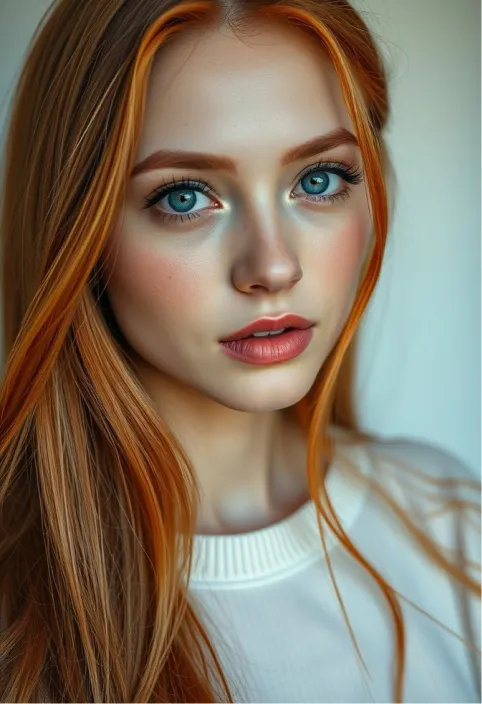 (Masterpiece, Best Quality, Ultra Realistic, 32K, RAW Photo, Skin Detail, 8K UHD, DSLR, High Quality, Film Grain:1.5), Long hair, coral hair:1.1, Portrait, lady, blue eyes, orange hair, bright Korean, freckles, (white gradient background, LED lights, rim lights, simple background)