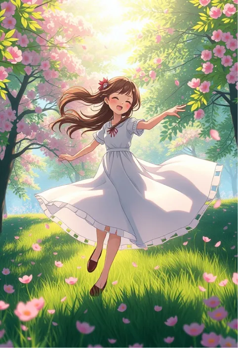 In this fantasy world inspired by Hayao Miyazaki's enchanting animation style, a spunky girl dances through a vibrant meadow, her laughter harmonizing with the gentle rustling of the leaves. The sunlight streams through the lush, swaying trees, casting playful shadows on her flowing dress. As she spins, petals bloom into the air, swirling around them like confetti, and the gentle breeze carries the sweet scent of blooming flowers. Each movement is fluid and graceful, evoking a feeling of freedom and joy that is mesmerizing.