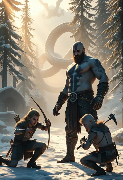 Epic action-adventure scene from God of War (2018), featuring the antagonist Baldur in a tense confrontation. Hyper-realistic Norse-inspired art style with cinematic lighting. Baldur, a tattooed, shirtless man with icy blue eyes and dirty blond hair, stands defiantly in a snowy forest clearing. His body glows with runic markings, hinting at his invulnerability. Kratos, the muscular, bearded protagonist, grips his Leviathan Axe, ready to strike. Atreus, Kratos' young son, crouches nearby with his bow drawn. Ancient Nordic ruins and towering evergreens surround them. The World Serpent coils in the misty background. Golden sunlight filters through the trees, casting long shadows. Particles of snow and ash float in the air. The atmosphere is tense and foreboding, with a sense of impending battle. Photorealistic textures on character models, environment, and weapons. Dynamic poses capture the moment before an explosive clash of gods and mortals.