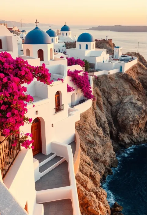 Create an image of a classic Santorini scene at sunset, showcasing the iconic white-washed buildings with their blue domes perched on the cliffs of Oia. The structures, characterized by their cubic shapes and arched doorways, should reflect the soft, golden hues of the setting sun, casting gentle shadows that highlight the textures of the stucco walls. Vibrant bougainvillea in shades of fuchsia and magenta cascade down the terraces, adding a burst of color against the pristine white. The deep blue Aegean Sea glistens below, with waves gently lapping at the rocky shoreline. Capture the scene with a warm, soft focus to evoke a dreamy atmosphere, emphasizing the contrast between the cool blues of the sea and the warm tones of the buildings. The image should convey a sense of tranquility and timeless beauty, reflecting the rich history and cultural significance of this enchanting island.