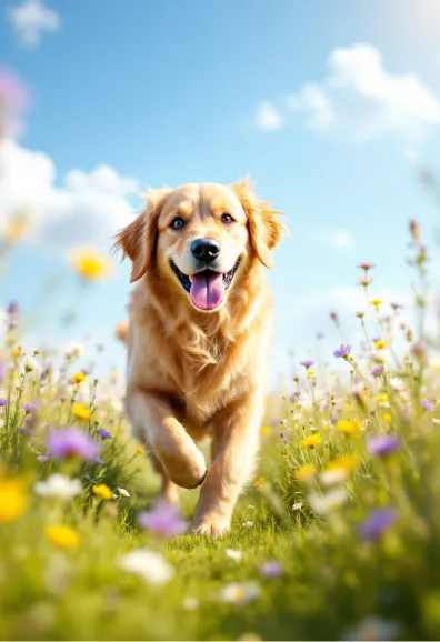 Create an energetic scene of a Golden Retriever running happily through a sunlit meadow. The dog's fur shines in the warm afternoon light. In the background is a lush green grass dotted with colorful wildflowers in colors of purple, yellow and white under a clear blue sky. Use a shallow depth of field to focus on the dog while softly blurring the background to enhance the sense of movement. Choose a realistic HD style with rich textures to highlight the dog's fur and soft petals.