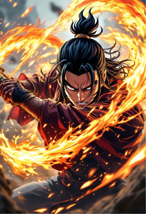 Close-up of Tanjiro Kamado from Demon Slayer, his intense gaze piercing through the chaos as he wields a blazing fire katana. Dynamic flames dance around him, igniting the air with vibrant sparks in a breathtaking anime style. The scene bursts with highly detailed textures and vivid colors, capturing Tanjiro in a powerful action pose, as the fiery energy swirls and crackles, emphasizing his fierce determination and skill.