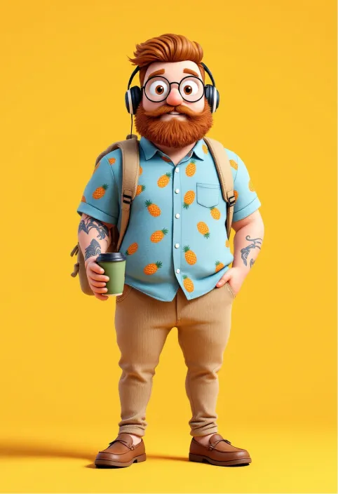 A 3D cartoon man with a ginger beard, round glasses, and headphones. He's wearing a light blue, short-sleeved, collared shirt with a pineapple print, light brown corduroy pants, and brown loafers. He has a tattoo on his left arm and a wedding ring on his left hand. He's holding a green to-go coffee cup and has a beige backpack strap visible over his right shoulder. The background is solid orange. He is standing with his feet slightly apart and has one hand in his pocket. The style is playful and whimsical, with exaggerated features and soft, rounded shapes. The lighting is bright and even, and the colors are vibrant and saturated.