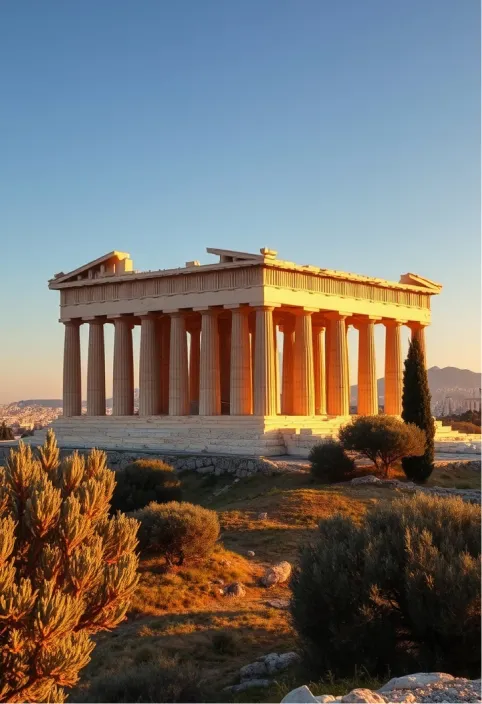 Create an image of the Acropolis of Athens, showcasing the Parthenon as the centerpiece, with its iconic Doric columns and intricate friezes. The scene should capture the warm golden hues of the ancient marble against a clear blue sky, emphasizing the texture of the weathered stone and the delicate carvings that narrate Greek mythology. Surrounding the Acropolis, include the lush greenery of the surrounding hills, dotted with olive trees, which contrast with the starkness of the ancient structure. Set the scene during the golden hour, just before sunset, when the light casts long shadows and bathes the monument in a soft, ethereal glow. Incorporate the distant cityscape of modern Athens, illustrating the blend of history and contemporary life. Use a wide-angle perspective to encapsulate the grandeur and scale of the Acropolis, evoking a sense of awe and reverence for this UNESCO World Heritage site.