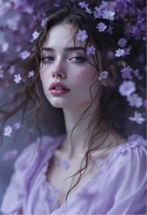 A hyper-realistic, emotionally charged portrait of a woman inspired by Ophelia, embodying grace and elegance with a touch of melancholy. Her image is enveloped in soft, diffused lighting, casting gentle shadows that create a dreamlike, almost ethereal atmosphere. She is dressed in flowing, delicate fabrics in shades of purple and violet, symbolizing the beauty and subtle sorrow of the purple violet flower. Her long hair cascades softly around her, partially wet, as if she has emerged from water, catching the light in subtle highlights. Her gaze is distant, thoughtful, with a faint, melancholic expression that hints at unspoken emotions and depth.
The background is blurred, awash in tones of lavender and deep violet, evoking a sense of mist and mystery, as if she is surrounded by a cloud of mood. Small purple violet flowers float gently around her, some tangled in her hair, adding a touch of symbolism and fragile beauty to the composition. The color palette is soft yet rich, blending hues of purple, lavender, and gentle blues, creating a cohesive atmosphere that captures both the grace and tragedy of Ophelia. The overall effect is hauntingly beautiful, with a perfect balance of realism and fantasy, drawing viewers into her world and the emotions she silently conveys.