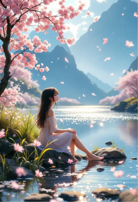 In a serene Miyazaki-inspired landscape, a young girl sits peacefully by a shimmering lake, her hair gently swaying in the soft breeze. Sunlight dances on the water's surface, creating a mosaic of glimmers that reflect her wonder. Nearby, delicate cherry blossoms flutter down, swirling around her as she gazes thoughtfully at the horizon. The tranquil ripples of the lake echo her quiet contemplation, while distant mountains loom majestically, cloaked in mist. Each subtle movement in the scene breathes life into this enchanting moment, capturing the essence of nature's beauty and the girl's introspective spirit.