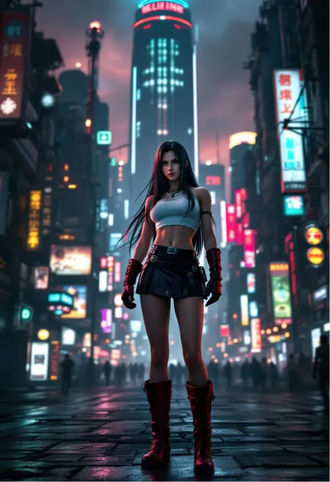 A hyper-detailed, cinematic portrait of Tifa Lockhart from Final Fantasy VII, standing in the neon-lit streets of Midgar. Her long, dark hair flows behind her, with warm light reflecting off her determined brown eyes. She wears her iconic white crop top, black mini-skirt, and red boots, with fighting gloves on her hands. The bustling cyberpunk cityscape looms in the background, dominated by the massive Shinra Building. Mako reactors glow ominously in the distance, casting an eerie green tinge over the scene. Tifa stands in a dynamic fighting pose, ready for action. The image captures the blend of fantasy and technology typical of the Final Fantasy series, with a gritty, industrial aesthetic. Photorealistic rendering, dramatic lighting with strong contrasts between neon lights and deep shadows. The atmosphere is tense and foreboding, hinting at the epic struggle against Shinra and Sephiroth. Highly detailed textures, from the worn cobblestones to the intricate mechanical elements of the city.