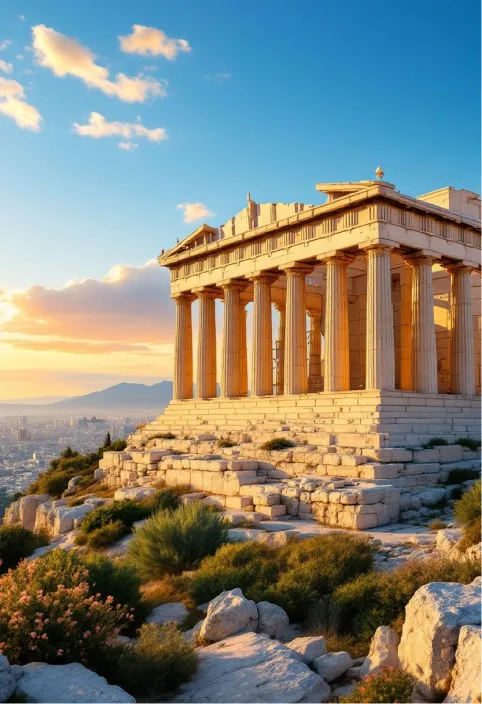 Create a stunning image of the Acropolis of Athens, showcasing the Parthenon with its iconic Doric columns, set against a clear blue sky. Highlight the warm, golden hues of the sun casting soft shadows on the ancient marble, revealing the intricate details of the friezes and metopes. Surrounding the Acropolis, depict the rugged hills of Athens, dotted with lush greenery and wildflowers, contrasting with the stark white of the marble. Capture the scene at sunset, when the sky transitions to vibrant oranges and purples, enhancing the historical grandeur of the site. Incorporate the distant view of modern Athens, blending the ancient and contemporary. Use a high dynamic range photography style to emphasize the textures of the stone and the play of light, evoking the cultural significance of this UNESCO World Heritage site as a symbol of classical architecture and democracy.