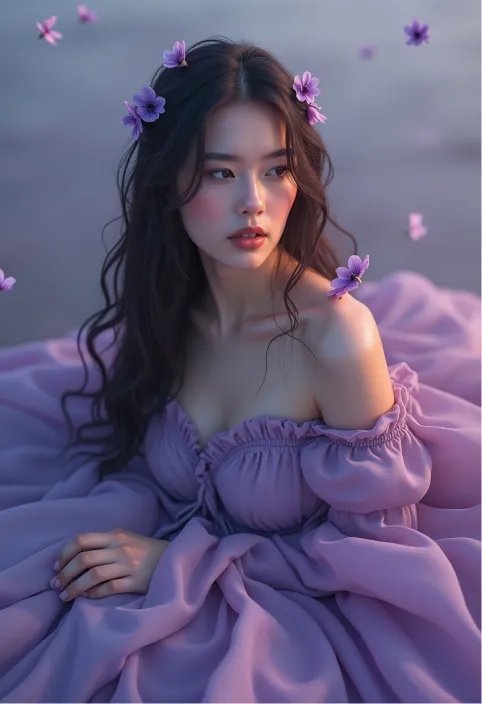 A hyper-realistic, emotionally charged portrait of a woman inspired by Ophelia, embodying grace and elegance with a touch of melancholy. Her image is enveloped in soft, diffused lighting, casting gentle shadows that create a dreamlike, almost ethereal atmosphere. She is dressed in flowing, delicate fabrics in shades of purple and violet, symbolizing the beauty and subtle sorrow of the purple violet flower. Her long hair cascades softly around her, partially wet, as if she has emerged from water, catching the light in subtle highlights. Her gaze is distant, thoughtful, with a faint, melancholic expression that hints at unspoken emotions and depth.
The background is blurred, awash in tones of lavender and deep violet, evoking a sense of mist and mystery, as if she is surrounded by a cloud of mood. Small purple violet flowers float gently around her, some tangled in her hair, adding a touch of symbolism and fragile beauty to the composition. The color palette is soft yet rich, blending hues of purple, lavender, and gentle blues, creating a cohesive atmosphere that captures both the grace and tragedy of Ophelia. The overall effect is hauntingly beautiful, with a perfect balance of realism and fantasy, drawing viewers into her world and the emotions she silently conveys.