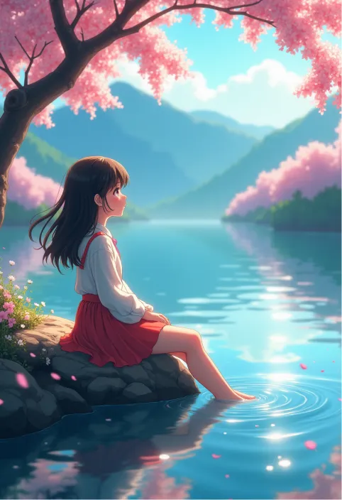 In a serene Miyazaki-inspired landscape, a young girl sits peacefully by a shimmering lake, her hair gently swaying in the soft breeze. Sunlight dances on the water's surface, creating a mosaic of glimmers that reflect her wonder. Nearby, delicate cherry blossoms flutter down, swirling around her as she gazes thoughtfully at the horizon. The tranquil ripples of the lake echo her quiet contemplation, while distant mountains loom majestically, cloaked in mist. Each subtle movement in the scene breathes life into this enchanting moment, capturing the essence of nature's beauty and the girl's introspective spirit.