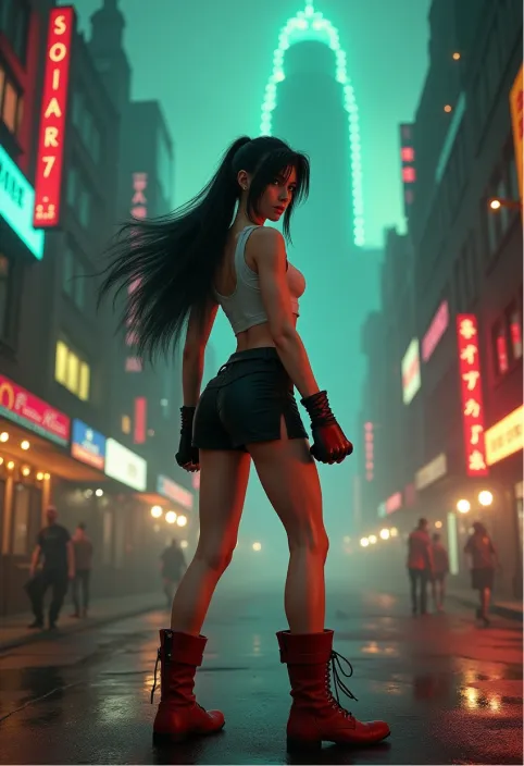 A hyper-detailed, cinematic portrait of Tifa Lockhart from Final Fantasy VII, standing in the neon-lit streets of Midgar. Her long, dark hair flows behind her, with warm light reflecting off her determined brown eyes. She wears her iconic white crop top, black mini-skirt, and red boots, with fighting gloves on her hands. The bustling cyberpunk cityscape looms in the background, dominated by the massive Shinra Building. Mako reactors glow ominously in the distance, casting an eerie green tinge over the scene. Tifa stands in a dynamic fighting pose, ready for action. The image captures the blend of fantasy and technology typical of the Final Fantasy series, with a gritty, industrial aesthetic. Photorealistic rendering, dramatic lighting with strong contrasts between neon lights and deep shadows. The atmosphere is tense and foreboding, hinting at the epic struggle against Shinra and Sephiroth. Highly detailed textures, from the worn cobblestones to the intricate mechanical elements of the city.