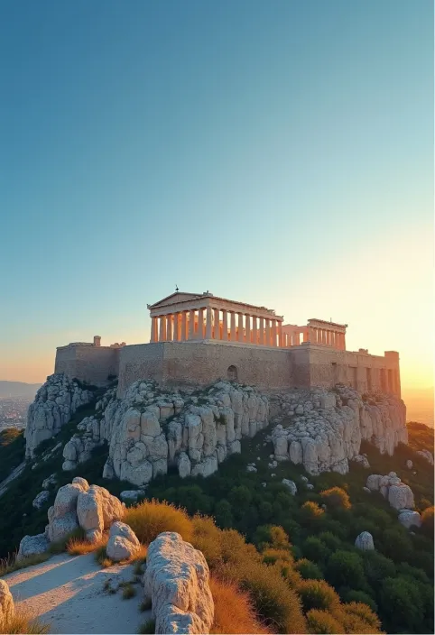 Create a stunning image of the Acropolis of Athens, showcasing the Parthenon with its iconic Doric columns, set against a clear blue sky. Highlight the warm, golden hues of the sun casting soft shadows on the ancient marble, revealing the intricate details of the friezes and metopes. Surrounding the Acropolis, depict the rugged hills of Athens, dotted with lush greenery and wildflowers, contrasting with the stark white of the marble. Capture the scene at sunset, when the sky transitions to vibrant oranges and purples, enhancing the historical grandeur of the site. Incorporate the distant view of modern Athens, blending the ancient and contemporary. Use a high dynamic range photography style to emphasize the textures of the stone and the play of light, evoking the cultural significance of this UNESCO World Heritage site as a symbol of classical architecture and democracy.