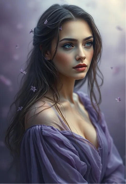 A hyper-realistic, emotionally charged portrait of a woman inspired by Ophelia, embodying grace and elegance with a touch of melancholy. Her image is enveloped in soft, diffused lighting, casting gentle shadows that create a dreamlike, almost ethereal atmosphere. She is dressed in flowing, delicate fabrics in shades of purple and violet, symbolizing the beauty and subtle sorrow of the purple violet flower. Her long hair cascades softly around her, partially wet, as if she has emerged from water, catching the light in subtle highlights. Her gaze is distant, thoughtful, with a faint, melancholic expression that hints at unspoken emotions and depth.
The background is blurred, awash in tones of lavender and deep violet, evoking a sense of mist and mystery, as if she is surrounded by a cloud of mood. Small purple violet flowers float gently around her, some tangled in her hair, adding a touch of symbolism and fragile beauty to the composition. The color palette is soft yet rich, blending hues of purple, lavender, and gentle blues, creating a cohesive atmosphere that captures both the grace and tragedy of Ophelia. The overall effect is hauntingly beautiful, with a perfect balance of realism and fantasy, drawing viewers into her world and the emotions she silently conveys.