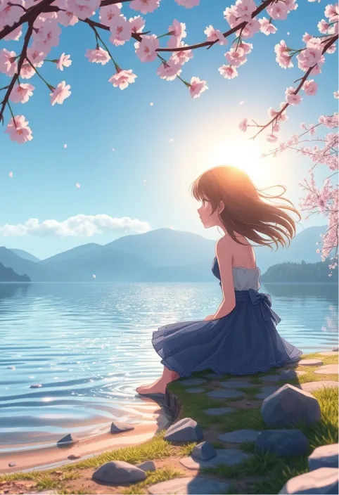 In a serene Miyazaki-inspired landscape, a young girl sits peacefully by a shimmering lake, her hair gently swaying in the soft breeze. Sunlight dances on the water's surface, creating a mosaic of glimmers that reflect her wonder. Nearby, delicate cherry blossoms flutter down, swirling around her as she gazes thoughtfully at the horizon. The tranquil ripples of the lake echo her quiet contemplation, while distant mountains loom majestically, cloaked in mist. Each subtle movement in the scene breathes life into this enchanting moment, capturing the essence of nature's beauty and the girl's introspective spirit.