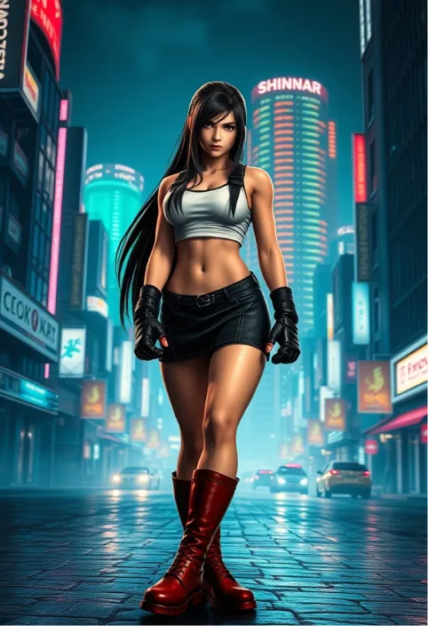 A hyper-detailed, cinematic portrait of Tifa Lockhart from Final Fantasy VII, standing in the neon-lit streets of Midgar. Her long, dark hair flows behind her, with warm light reflecting off her determined brown eyes. She wears her iconic white crop top, black mini-skirt, and red boots, with fighting gloves on her hands. The bustling cyberpunk cityscape looms in the background, dominated by the massive Shinra Building. Mako reactors glow ominously in the distance, casting an eerie green tinge over the scene. Tifa stands in a dynamic fighting pose, ready for action. The image captures the blend of fantasy and technology typical of the Final Fantasy series, with a gritty, industrial aesthetic. Photorealistic rendering, dramatic lighting with strong contrasts between neon lights and deep shadows. The atmosphere is tense and foreboding, hinting at the epic struggle against Shinra and Sephiroth. Highly detailed textures, from the worn cobblestones to the intricate mechanical elements of the city.