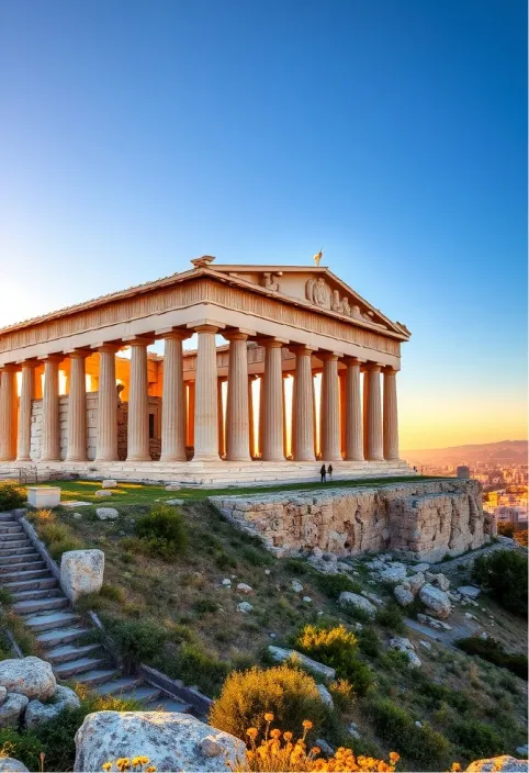 Create a stunning image of the Acropolis of Athens, showcasing the Parthenon with its iconic Doric columns, set against a clear blue sky. Highlight the warm, golden hues of the sun casting soft shadows on the ancient marble, revealing the intricate details of the friezes and metopes. Surrounding the Acropolis, depict the rugged hills of Athens, dotted with lush greenery and wildflowers, contrasting with the stark white of the marble. Capture the scene at sunset, when the sky transitions to vibrant oranges and purples, enhancing the historical grandeur of the site. Incorporate the distant view of modern Athens, blending the ancient and contemporary. Use a high dynamic range photography style to emphasize the textures of the stone and the play of light, evoking the cultural significance of this UNESCO World Heritage site as a symbol of classical architecture and democracy.